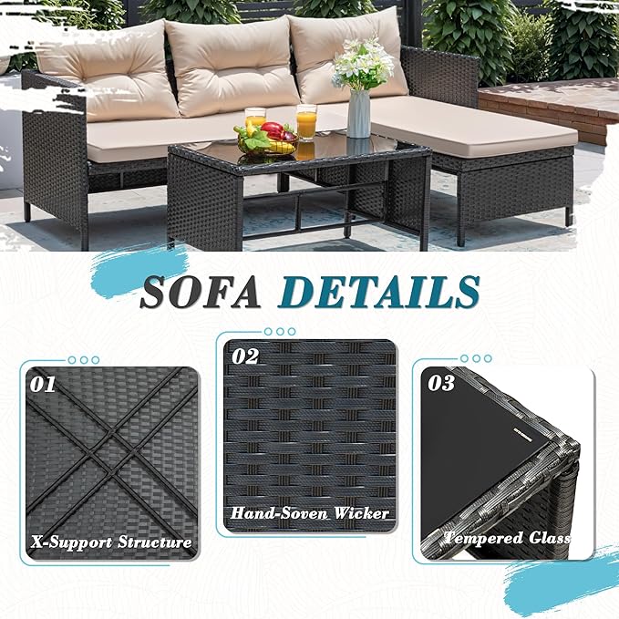 Greesum 3 Piece Patio Furniture Set Outdoor Wicker Rattan Sectional Sofa with Cushions & Coffee Table for Yard, Garden - Photo 7