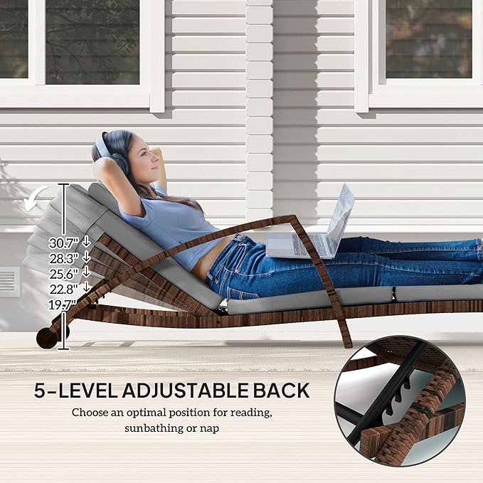Outsunny Wicker Chaise Lounge Chair Outdoor Set of 2, 5-Position Adjustable Reclining Pool Lounge Chairs with Wheels - Photo 4