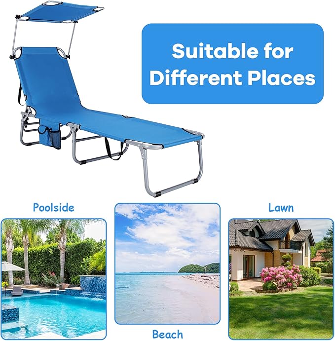GYMAX Beach Chair with Canopy Shade, Folding Tanning Lounge with Adjustable Backrest, Carry Handle & Side Pocket - Photo 9