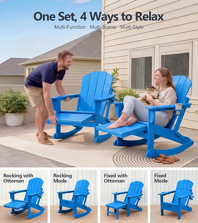 PASAMIC Adirondack Rocking Chairs Set of 2, Foldable All-Weather HDPE Patio Rockers with Retractable Ottoman & Cup Holder, Outdoor Chairs for Porch Backyard Pool Garden Balcony, Blue