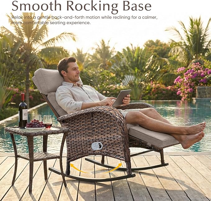 Belord 3 Piece Wicker Patio Furniture Set - Outdoor Swivel Rocker Recliner Chair with Adjustable Backrest & Footrest, All Weather Reclining Lounge Chair with Thick Cushion for Pool Deck Garden Beige