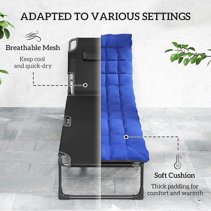 Outsunny Chaise Lounge Chair Outdoor Set of 2, 5-Position Reclining Pool Lounge Chairs with Cushions, Side Pocket, Headrest, Folding Lounger Tanning Chair Camping Cot for Patio, Beach, Dark Gray/Blue