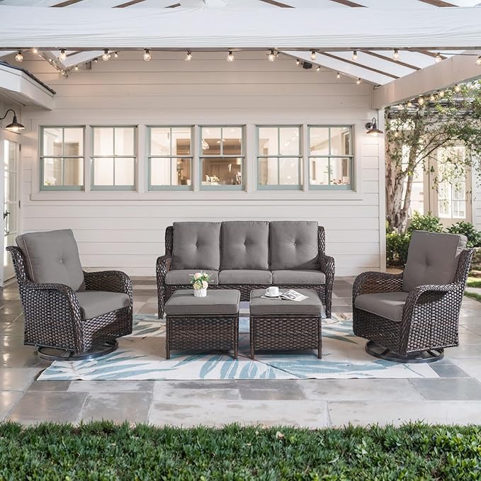 Belord 5 Piece Wicker Patio Furniture Set, Outdoor Swivel Rocker Chairs Set of 2 with Ottomans and 3 Seater Sofa - Photo 1