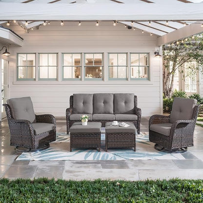 Belord 5 Piece Wicker Patio Furniture Set, Outdoor Swivel Rocker Chairs Set of 2 with Ottomans and 3 Seater Sofa, All Weather Patio Conversation Furniture Set, for Porch Pool, Brown Wicker/Gray