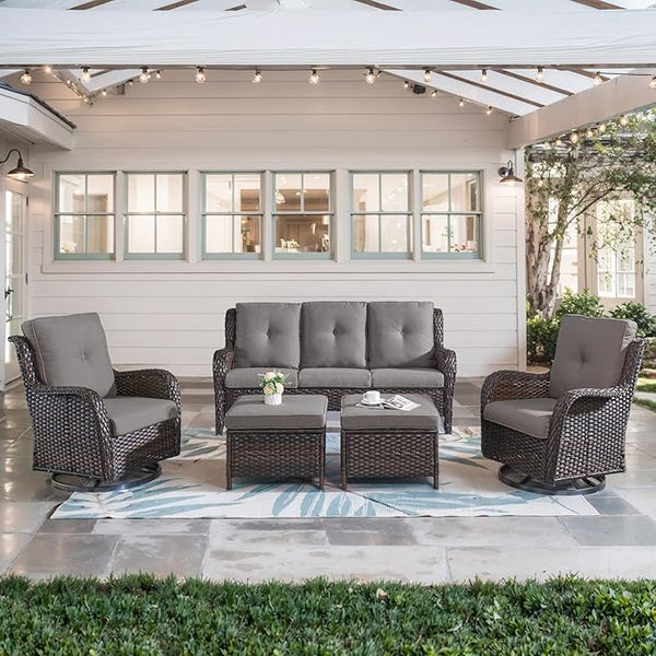 Belord 5 Piece Wicker Patio Furniture Set, Outdoor Swivel Rocker Chairs Set of 2 with Ottomans and 3 Seater Sofa - Photo 1