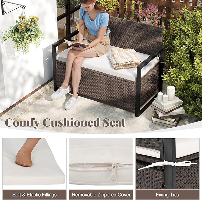 RELAX4LIFE Wicker Outdoor Bench with Storage - Rattan Deck Box w/Protective Liner for Pillows, Pool Supplies - Photo 5
