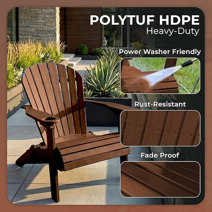 Ecommersify Folding Adirondack Chair with Cup Holder - (Tudor Brown) - Heavy Duty Recycled Poly Lumber Folding Chair - Amish Crafted Outdoor Furniture - Made in USA