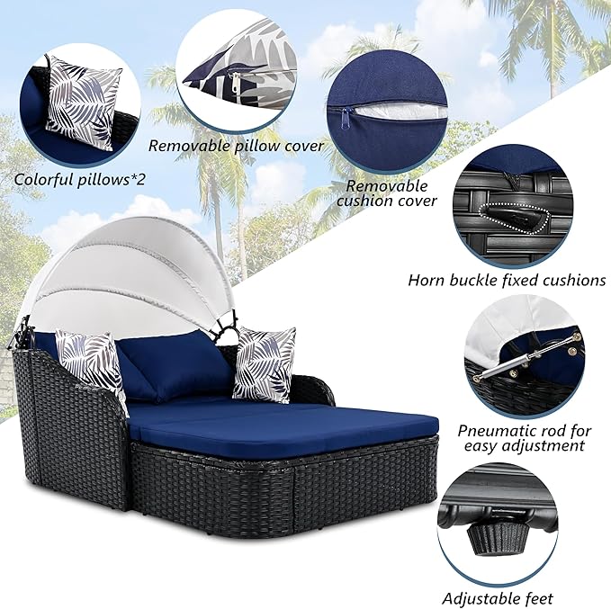 LUMISOL Outdoor Daybed with Retractable Canopy, PE Rattan Sunbed with Cushions, Double Lounge for Patio, Garden, Poolside, Black Wicker and Blue Cushion