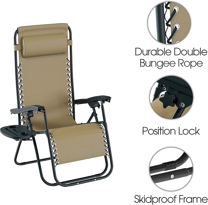 Lavish Home Zero Gravity Chairs - Set of 2 Outdoor Chairs with Side Tables with 2 Cupholders, Phone, and Tablet Holder and Chair Pillow (Beige)