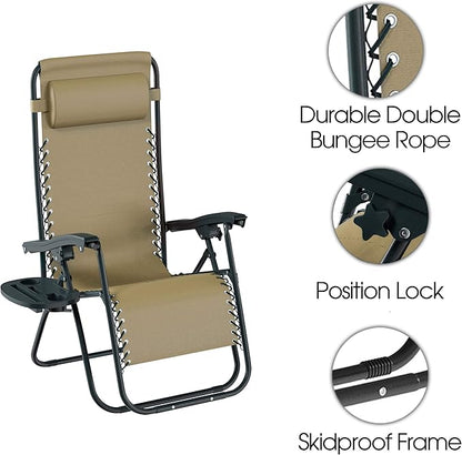 Lavish Home Zero Gravity Chairs - Set of 2 Outdoor Chairs with Side Tables with 2 Cupholders, Phone, and Tablet Holder and Chair Pillow (Beige)