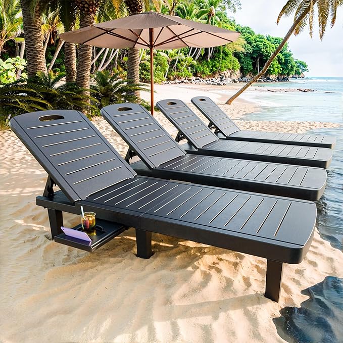 CDCASA Outdoor Chaise Lounge Set of 4, Pool Lounge Chairs w/5 Adjustable Positions & Side Tray, Waterproof Resin Lounges for Poolside,Yard,Garden,Sunbathing, for All Weather, Black