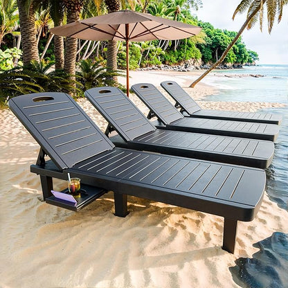 CDCASA Outdoor Chaise Lounge Set of 4, Pool Lounge Chairs w/5 Adjustable Positions & Side Tray, Waterproof Resin Lounges for Poolside,Yard,Garden,Sunbathing, for All Weather, Black