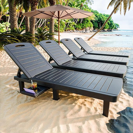 CDCASA Outdoor Chaise Lounge Set of 4, Pool Lounge Chairs w/5 Adjustable Positions & Side Tray, Waterproof Resin Lounges for Poolside,Yard,Garden,Sunbathing, for All Weather, Black