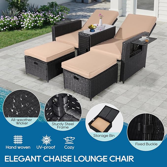 5PCS Outdoor Wicker Chaise Lounge Chair - Rattan Adjustable Reclining Patio Lounge Chair with Ottoman and Coffee Table, for Patio Beach Pool Backyard (Black Wicker Khaki Cushion)