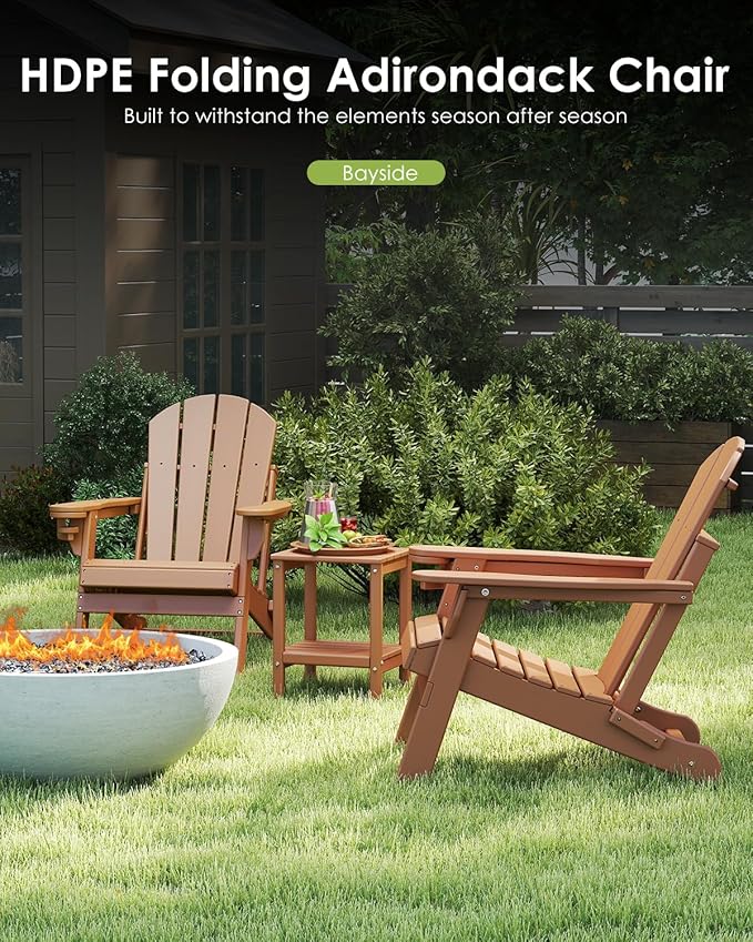 GREENVINES Folding-Adirondack-Chairs-Set-of-2 | HDPE Plastic | Fire Pit Chair | All Weather | Cup Holder | Teak | for Deck Backyard Patio Outdoor Garden