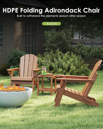 GREENVINES Folding-Adirondack-Chairs-Set-of-4 | HDPE Plastic | Fire Pit Chair | All Weather | Cup Holder | Teak | for Deck Backyard Patio Outdoor Garden