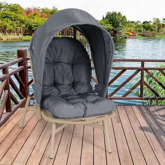Athena Collection Patio Wicker Egg Chair with Folding Canopy, All-Weather Rattan Patio Lounge Chair with Sun Shade, Balcony Furniture Outside Seating for Front Porch, Garden, Poolside, Outdoor, Grey