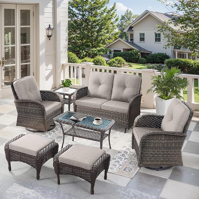 7 PCS Modern Wicker Patio Conversation Sets - Outdoor Swivel Chairs & Glider Loveseat - Ergonomic - Photo 1