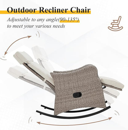 HOMREST Outdoor Recliners Set of 2, Wicker Recling Chairs with 150°Adjustable Back, Porch Balcony Recliner with Extended Footrest & Removable Cushion for Garden, Light Grey