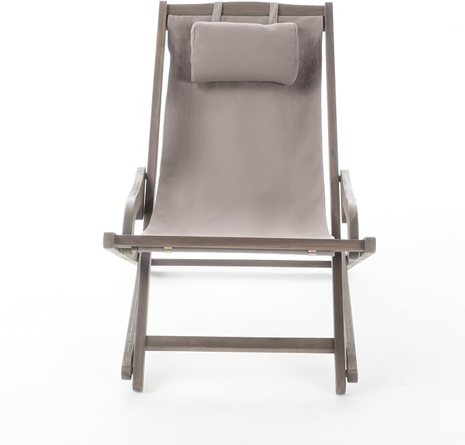 Grey Wooden Beach Sling Chair Set of 2 Outdoor Lounge Chairs for Pool Patio Backyard and Beach with Pillow Comfortable Folding Portable Recliner