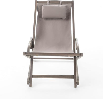 Grey Wooden Beach Sling Chair Set of 2 Outdoor Lounge Chairs for Pool Patio Backyard and Beach with Pillow Comfortable Folding Portable Recliner