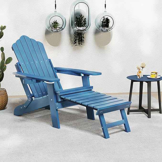 Giantex Folding Adirondack Chair, All-Weather Lounge Chair with Adjustable Backrest, Retractable Ottoman, Cup Holder, HIPS Fire Pit Chair for Lawn, Pool, Patio, Porch (1, Navy)