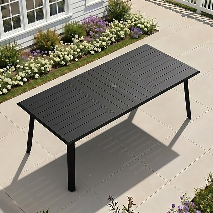 Patio Table with Umbrella Hole 83" Aluminum Outdoor Dining Table for 8 Rectangle All Weather Outside Table for Lawn Backyard Garden