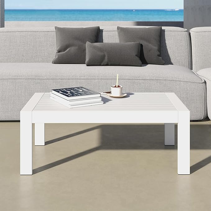 All-Weather Aluminum Outdoor Coffee Table, Modern Rectangle Patio Coffee Table for Balcony Garden, Light Grey - Photo 2