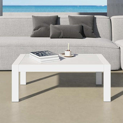 All-Weather Aluminum Outdoor Coffee Table, Modern Coffee Table for Outside, Rectangle Patio Coffee Table for Balcony Garden, White
