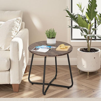 VECELO 17.7 inch Small Round Outdoor Side Table,Patio End Table,Waterproof Wood Table with Weather Resistant Steel Adjustable Feet for Living Room Bedroom Garden Yard Balcony Porch Poolside