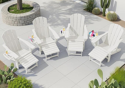 KINGYES Adjustable Folding Adirondack Chair with Footrest & 4-in-1 Multi-Functional Armrest Organizer Set of 4, HDPE Foldable Recliner Adirondack Chair with Pull-Out Ottoman, White