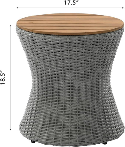 Christopher Knight Home Fenton 17.5" Outdoor Side Table, Round Patio End Table with Wood Top and Wicker Base, Small Outdoor Coffee Table for Balcony Garden Poolside, Accent Garden Stool, Grey+Natural