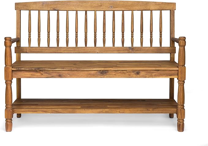 Great Deal Furniture Christopher Knight Home Cody Outdoor Acacia Wood Bench with Shelf, Teak Finish - Photo 8