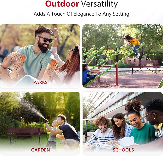 Leisure Craft Metal Outdoor Bench with Back - 6 Foot Heavy Duty Bench Seating for Garden, Porch, Picnic, Park, Expanded Metal, Thermoplastic Coating, Commercial Grade Furniture Made in USA - Burgundy