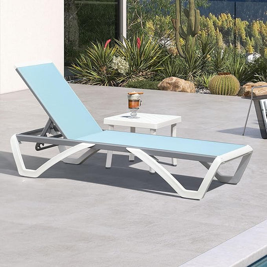 PURPLE LEAF Patio Chaise Lounge Chair Set Outside Aluminum Plastic Stackable Tanning Chairs with Side Table for Pool Sunbathing Beach Deck Outdoor Lounger, Light Blue