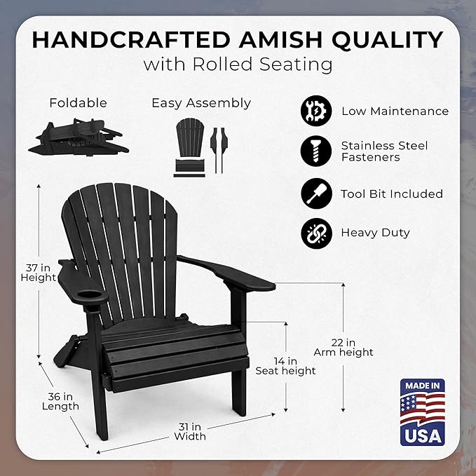 Ecommersify Folding Adirondack Chair with Cup Holder - (Black) - Heavy Duty Recycled Poly Lumber Folding Chair - Amish Crafted Outdoor Furniture - Made in USA