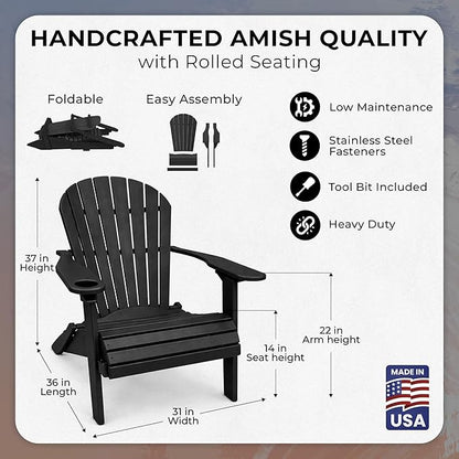Ecommersify Folding Adirondack Chair with Cup Holder - (Black) - Heavy Duty Recycled Poly Lumber Folding Chair - Amish Crafted Outdoor Furniture - Made in USA
