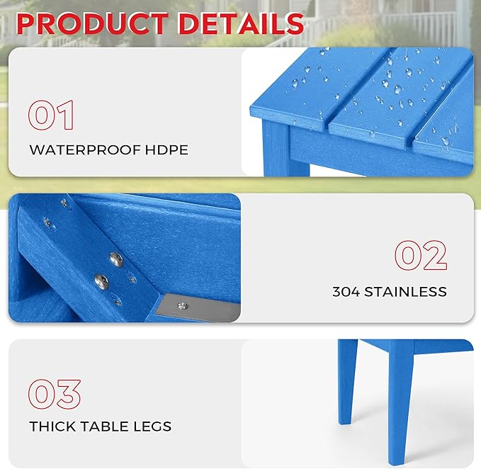 Costaelm Adirondack Outdoor Coffee Table, HDPE Drink Table Weather Resistant, Patio Porch Accent Balcony Table Outdoor End Table for Pool, Seaside, Backyard, Pacific Blue