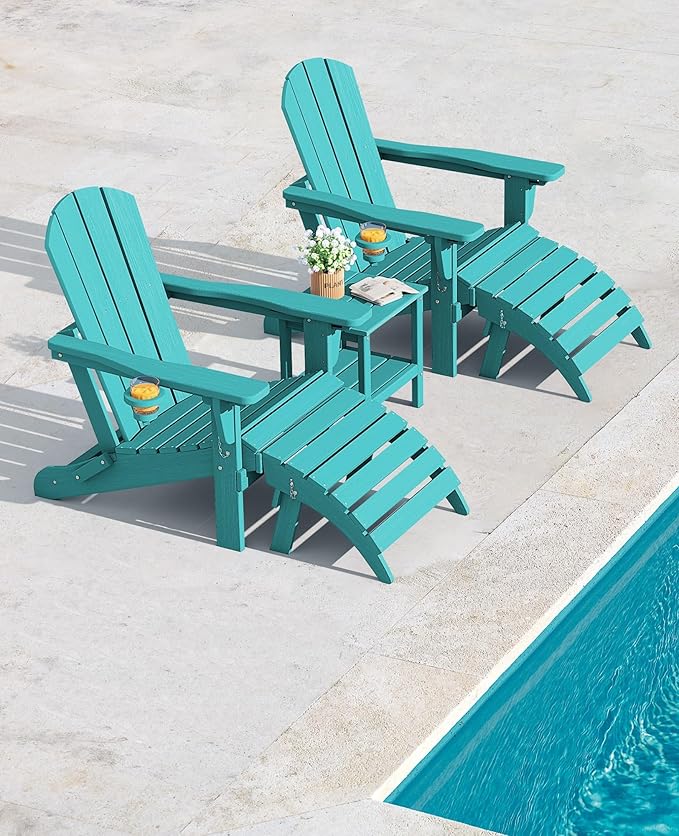 SERWALL 5-Piece Folding Adirondack Chair and Ottoman and Table Set, HDPE Adjustable Adirondack Chairs Set, Aruba - Photo 6