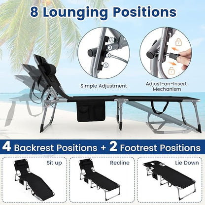 Giantex Face Down Tanning Chair, Folding Beach Lounge Chair w/ 4-Position Adjustable Backrest, Outdoor Sunbathing Lounge Chair w/Face Arm Holes & Storage Pocket for Patio Deck Poolside (1, Black)