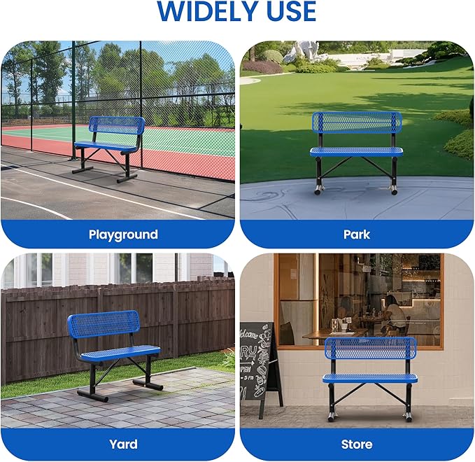 4 Feet Park Benches for Outside,Heavy Duty Patio Garden School Commercial Benches, Weatherproof Outdoor Bench Metal Blue Outdoor Bench, Outdoor Steel Bench with Backrest,48x23.2x32.5inch