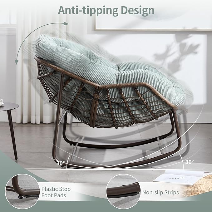 HOMEFUN Outdoor Patio Rocking Chairs, Oversized Papasan Rock Chair Indoor with Striped Velvet Padded Cushion - Rocker Egg Seat for Front Porch, Garden, Patio, Backyard Green