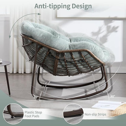 HOMEFUN Outdoor Patio Rocking Chairs Set of 2, Oversized Papasan Rock Chair Indoor with Striped Velvet Padded Cushion - Rocker Egg Seat for Front Porch, Garden, Patio, Backyard Green