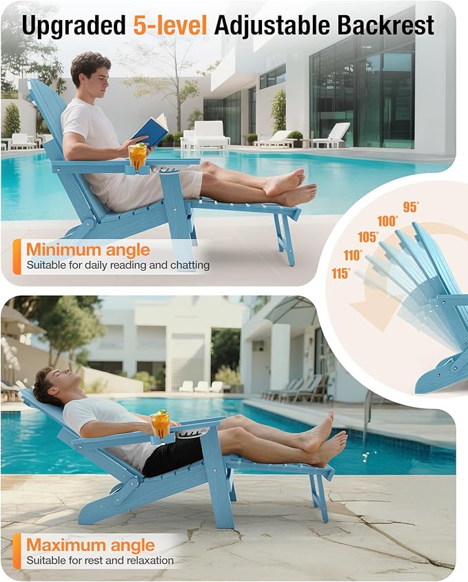 YEFU Adjustable Adirondack Chair with Footrest Set of 4, 5-Level Adjustable Adirondack Chair with Retractable Ottoman& 2 Cup Holder, Folding Adirondacks Chairs Use for Outdoor, Pool, Fire Pit (Blue)