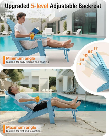 YEFU Adjustable Adirondack Chair with Retractable Ottoman Set of 8,Folding Adirondack Chair with 2 Cup-Holders, Outdoor Chairs with Footrest,Weather Resistant Fire Pit Chairs,for Patio Lawn(Blue)