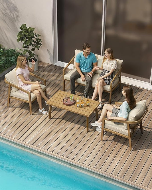 Teak Outdoor Patio Loveseat, Never-Rust Aluminum Outdoor Loveseat Couch with Thick Cushions, Modern 2-Seater Patio Sofa Bench, Outdoor Sofa Loveseat Furniture for Deck, Poolside | Never-Rust, Wood-Grain Texture, Wraparound Design, Removable Cushions