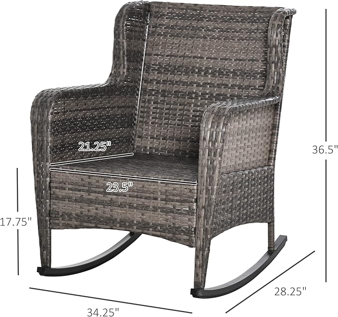 Outsunny Outdoor Wicker Rocking Chair with Wide Seat, Thick Cushions, Rattan Rocker with Steel Frame, High Weight Capacity for Patio, Garden, Backyard, Dark Gray
