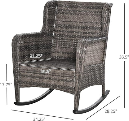 Outsunny Outdoor Wicker Rocking Chair with Wide Seat, Thick Cushions, Rattan Rocker with Steel Frame, High Weight Capacity for Patio, Garden, Backyard, Dark Gray