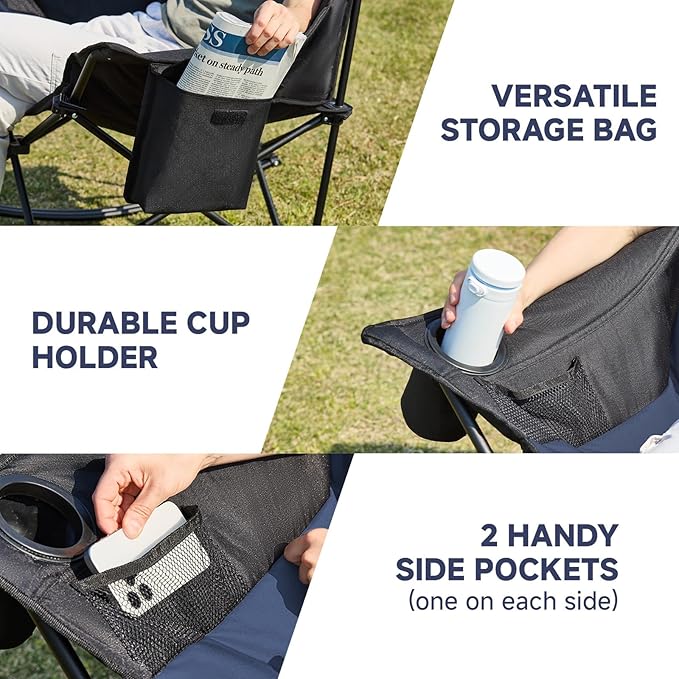 Oversized Folding Rocking Camping Chair, Padded Portable Rocking Chair with Pockets, Cup Holder and Carry Bag, Heavy Duty Outdoor Rocker Patio Chair for Garden, Lawn, Up to 400lbs, Navy Blue