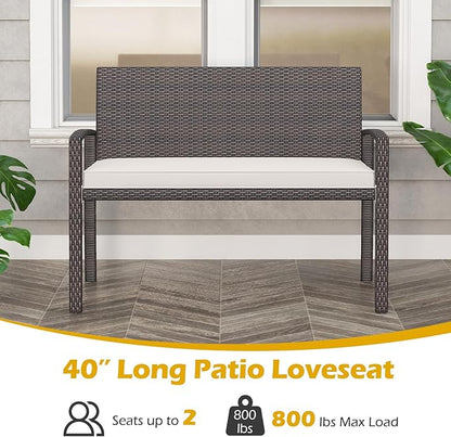 Byroce Outdoor Rattan Bench, Patio Loveseat with Backrest, Armrest & Removable Cushion, Upholstered Wicker Love Seat Furniture for Balcony, Backyard, Porch & Garden, Rustic Brown